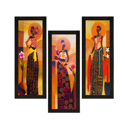 eCraftIndia Set Of 3 Tribal Village Ladies Satin Matt Texture UV Art Painting