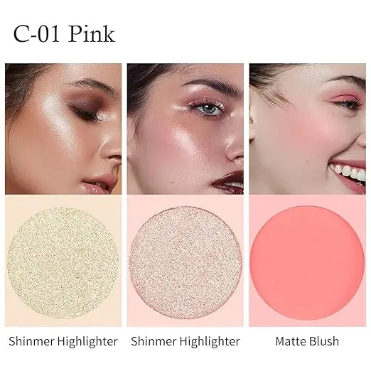 3 in 1 Face Blusher + Highlighter with Mini Compact Travel Friendly Palette