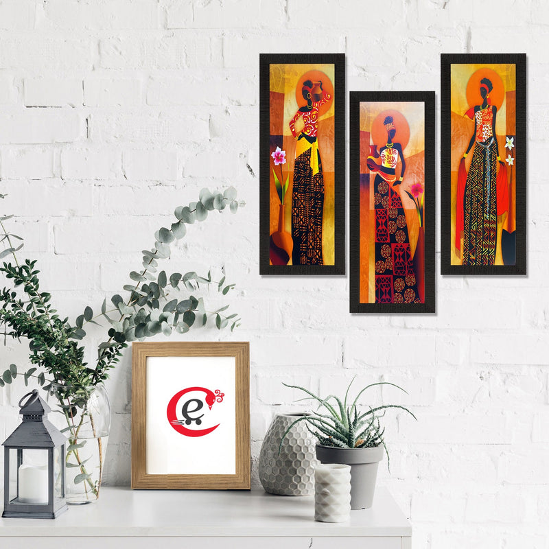 eCraftIndia Set Of 3 Tribal Village Ladies Satin Matt Texture UV Art Painting