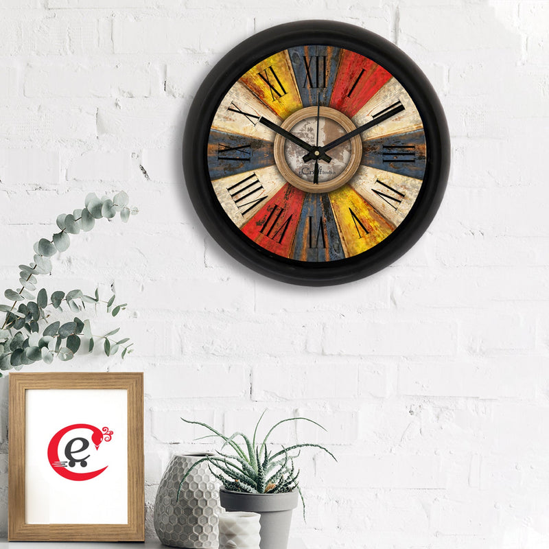 eCraftIndia Rustic Multicolor Designer Round Analog Black Wall Clock